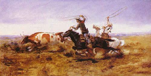 Charles M Russell O.H.Cowboys Roping a Steer Germany oil painting art